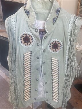 Light Mint Suede Beaded Fringe Native American Vest